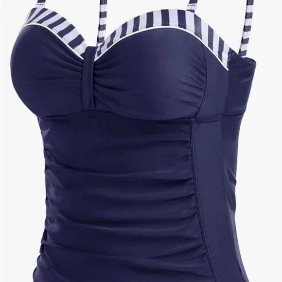#356 Navy Blue 2 Piece Classy Striped Women's Swimsuit - Picture 4 of 10